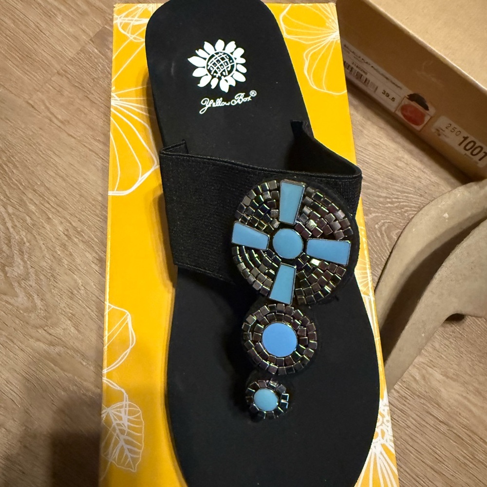 Yellow Box Black Sandals with Blue Accents